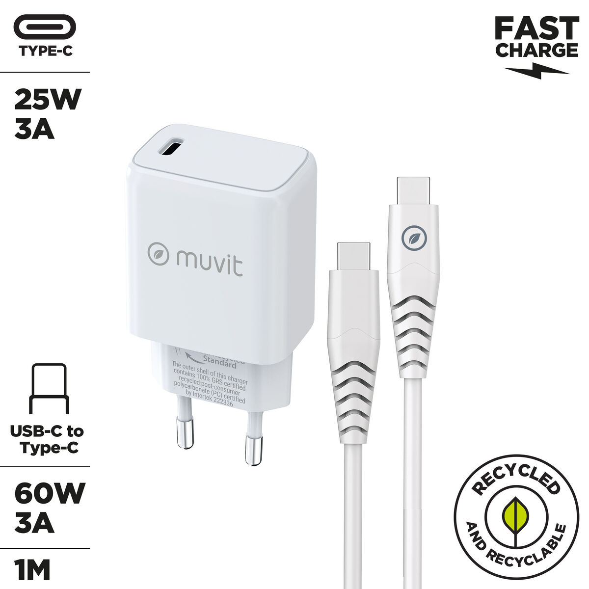 Wall Charger + USB-C Cable Muvit for Change White