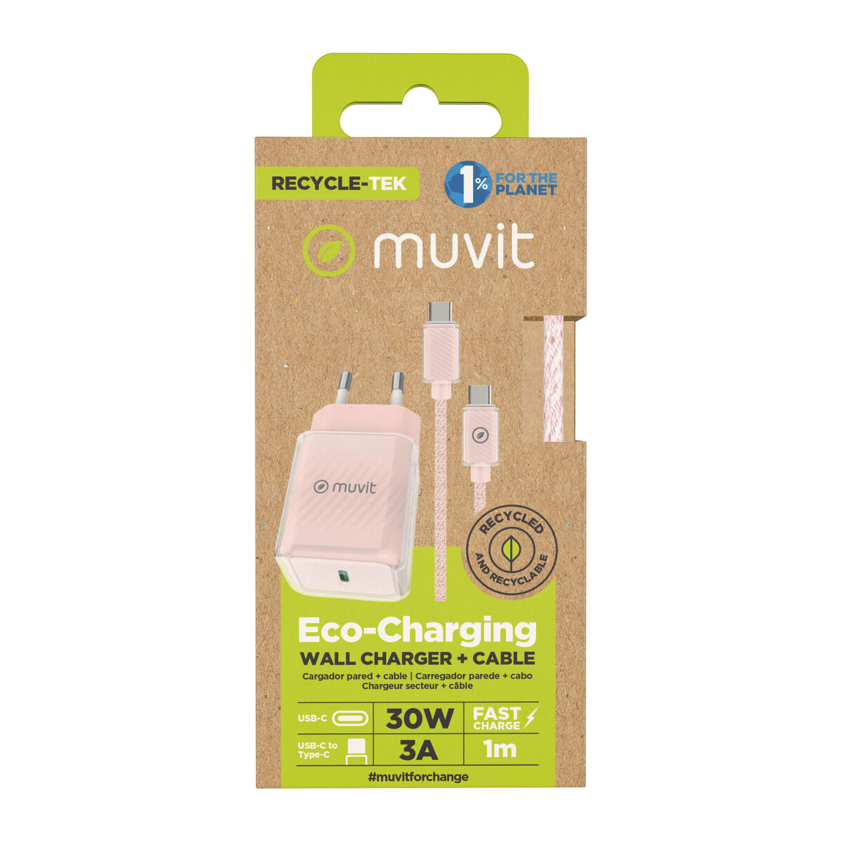 Wall Charger + USB-C Cable Muvit for Change  Glass GaN Pink