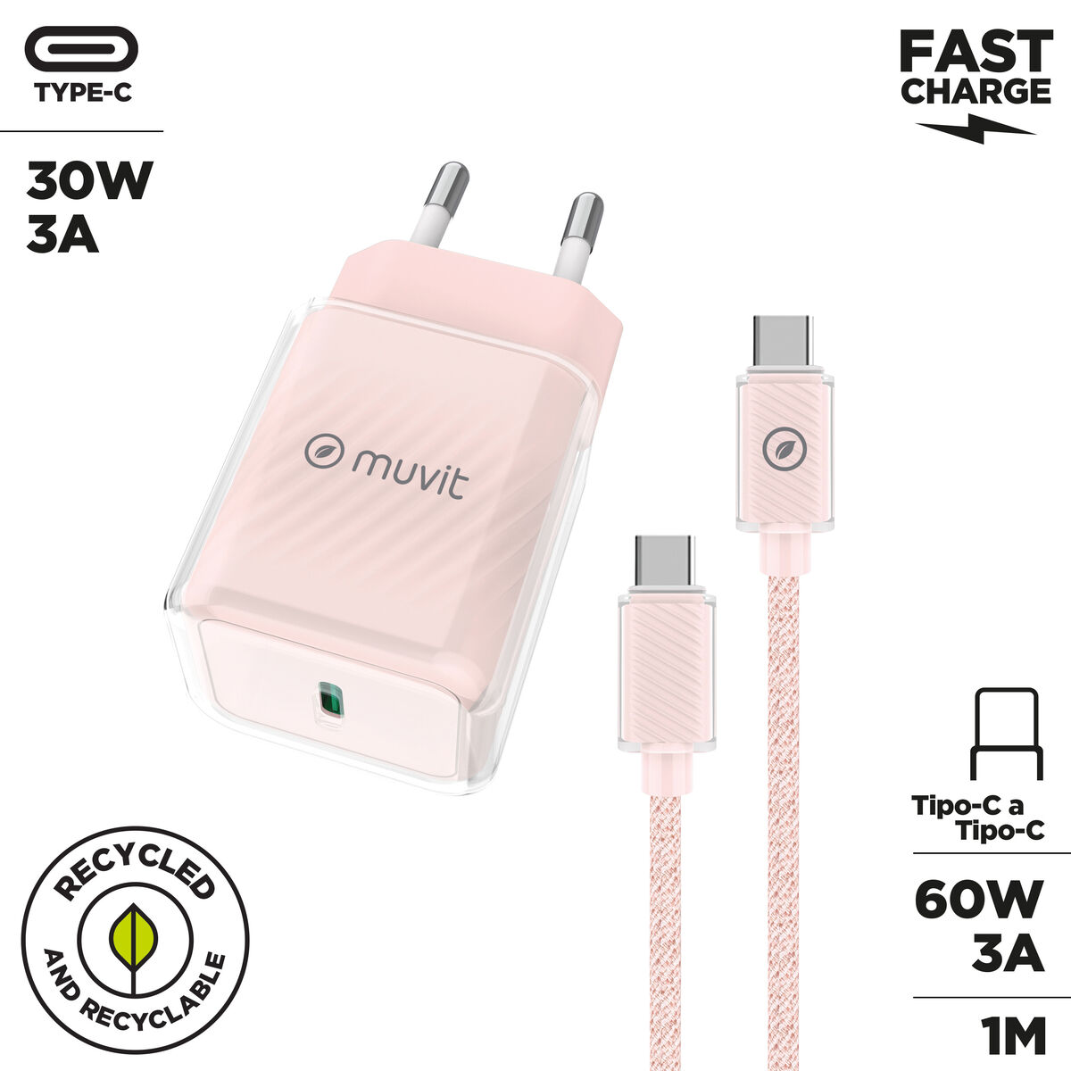 Wall Charger + USB-C Cable Muvit for Change  Glass GaN Pink
