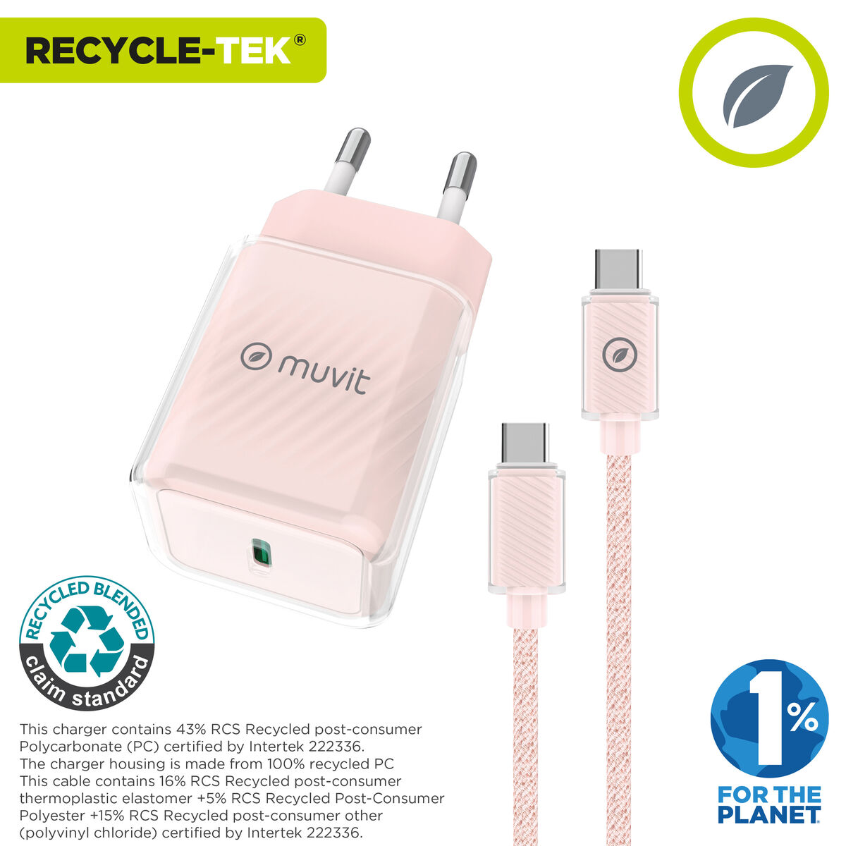 Wall Charger + USB-C Cable Muvit for Change  Glass GaN Pink