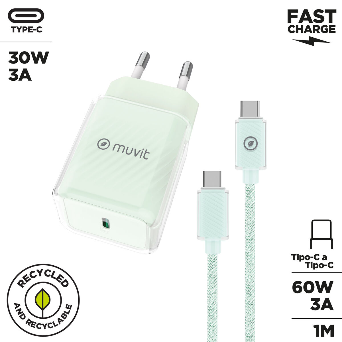 Wall Charger + USB-C Cable Muvit for Change Glass GaN Green