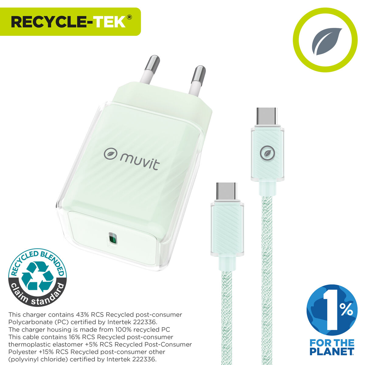 Wall Charger + USB-C Cable Muvit for Change Glass GaN Green