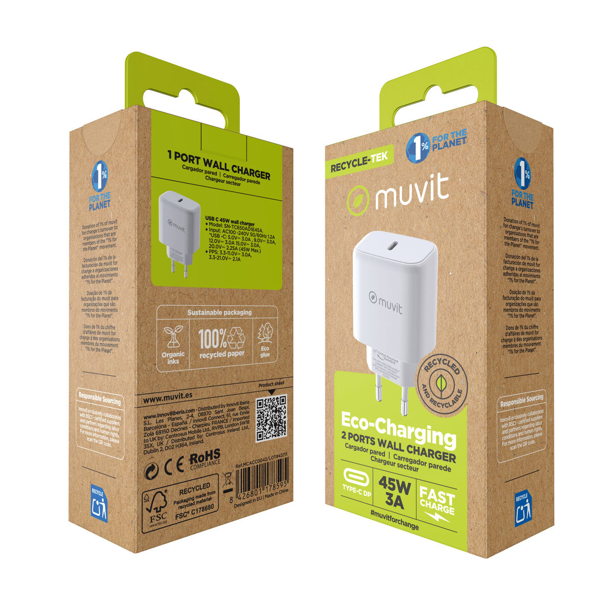 Wall Charger Muvit SN-TC650AD1E45A White 45 W