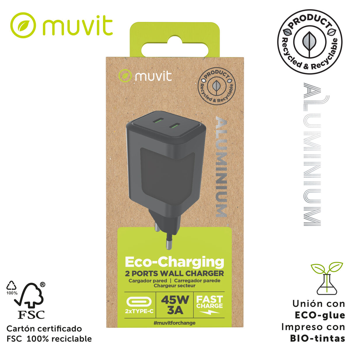 Wall Charger Muvit WCEU66-45-C2 Silver 45 W