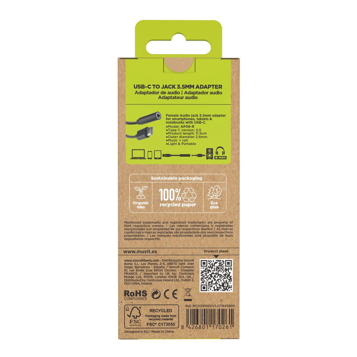 USB-C to Jack 3.5 mm Adapter Muvit for Change JDS-C35 Black