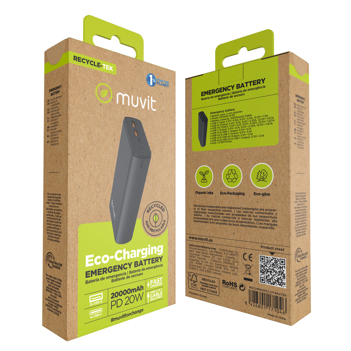 Powerbank Muvit for Change DP200G-R-PD Black 20 W