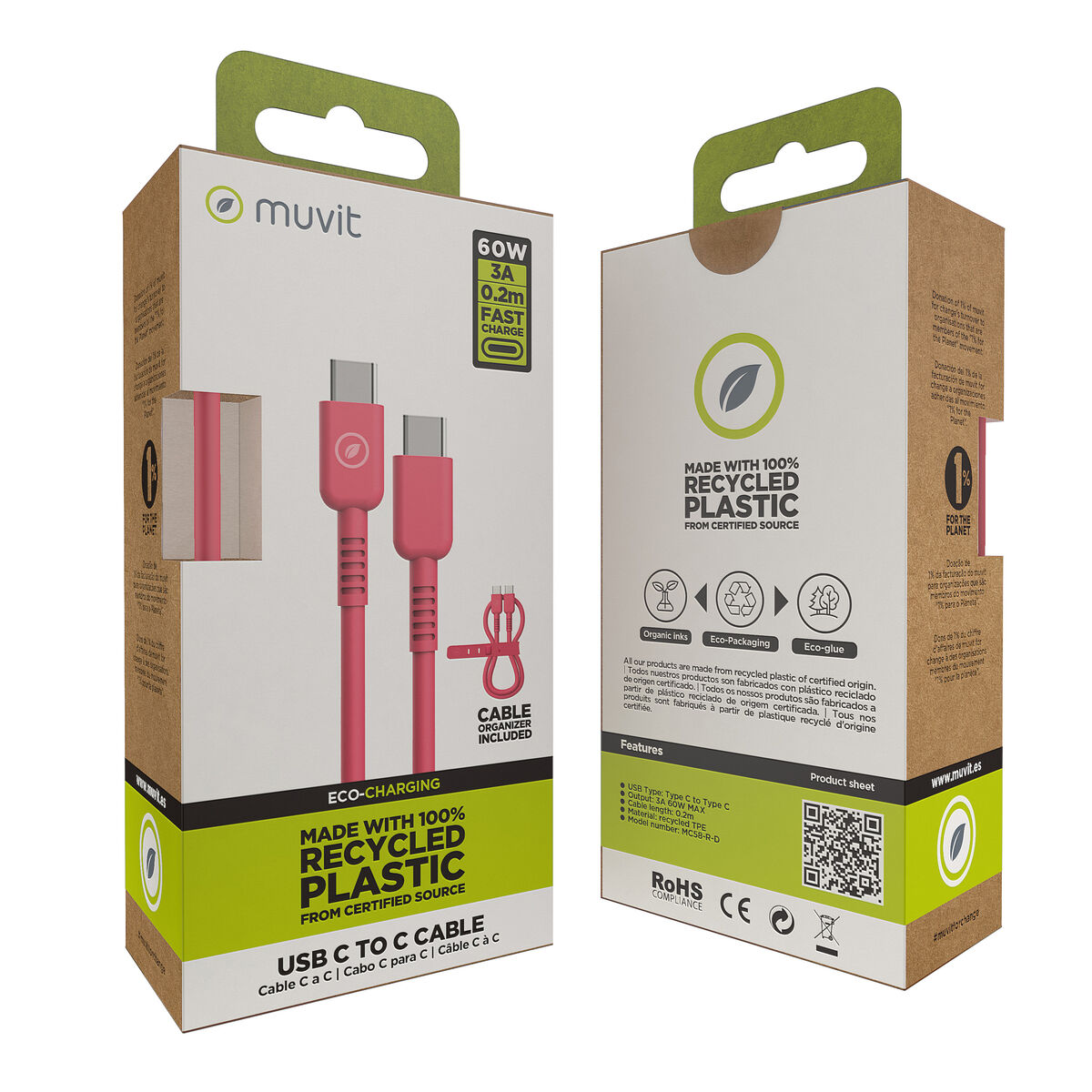 USB-C to USB-C Cable Muvit for Change Magenta 0,2 m