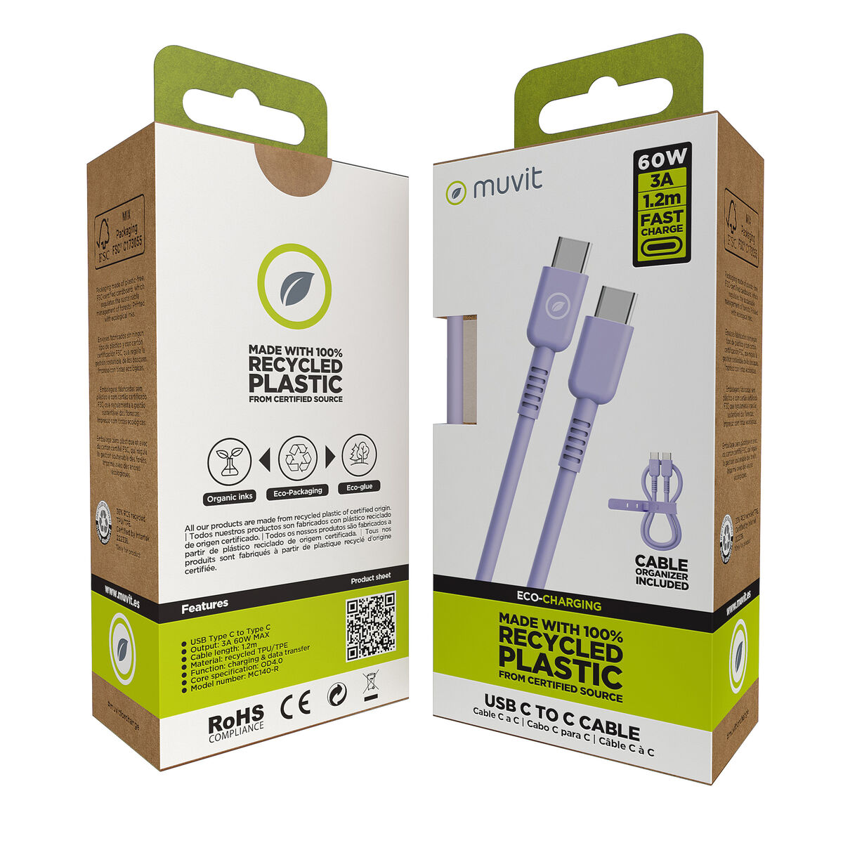 USB-C to USB-C Cable Muvit for Change Lavendar 1,2 m
