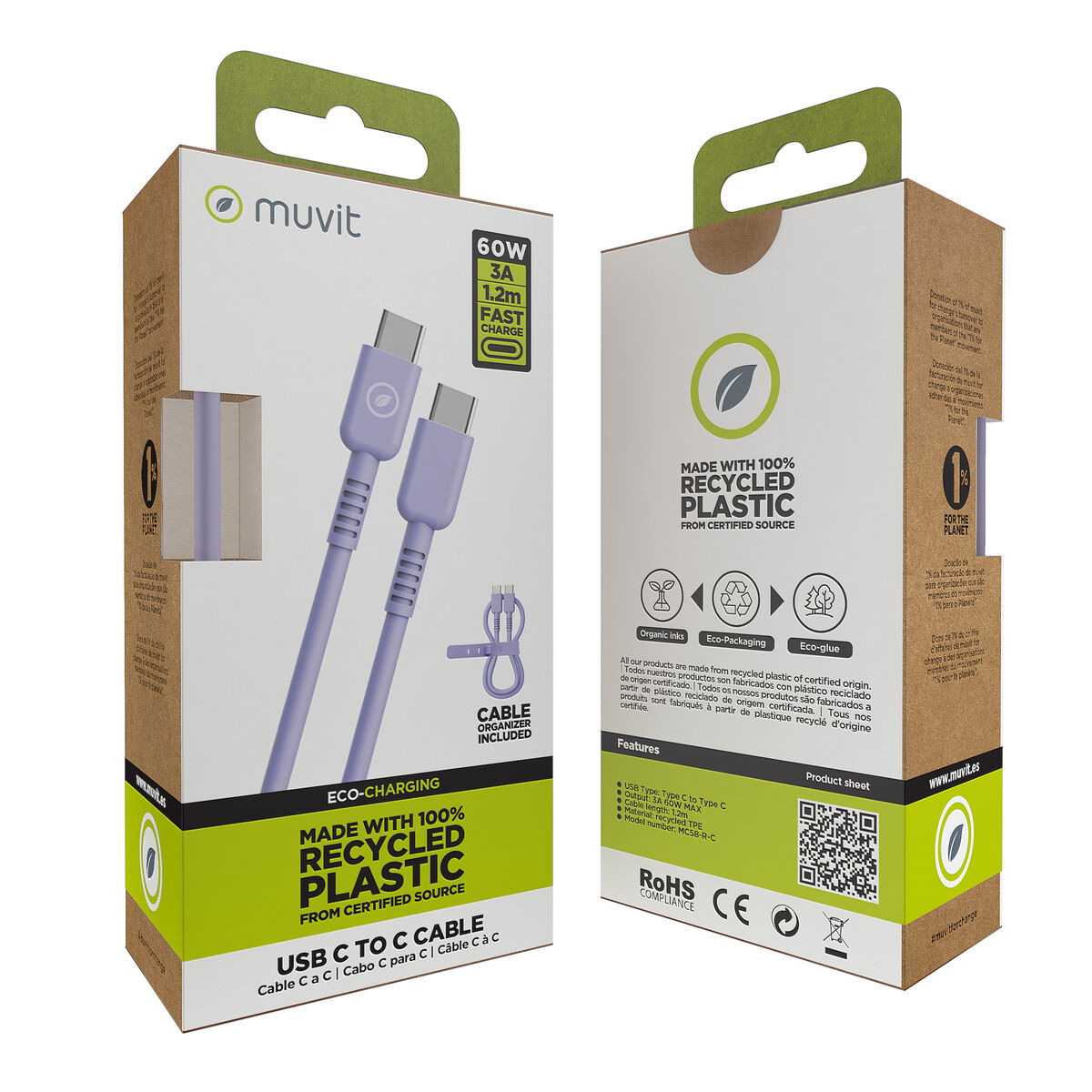 USB-C to USB-C Cable Muvit for Change Lavendar 1,2 m