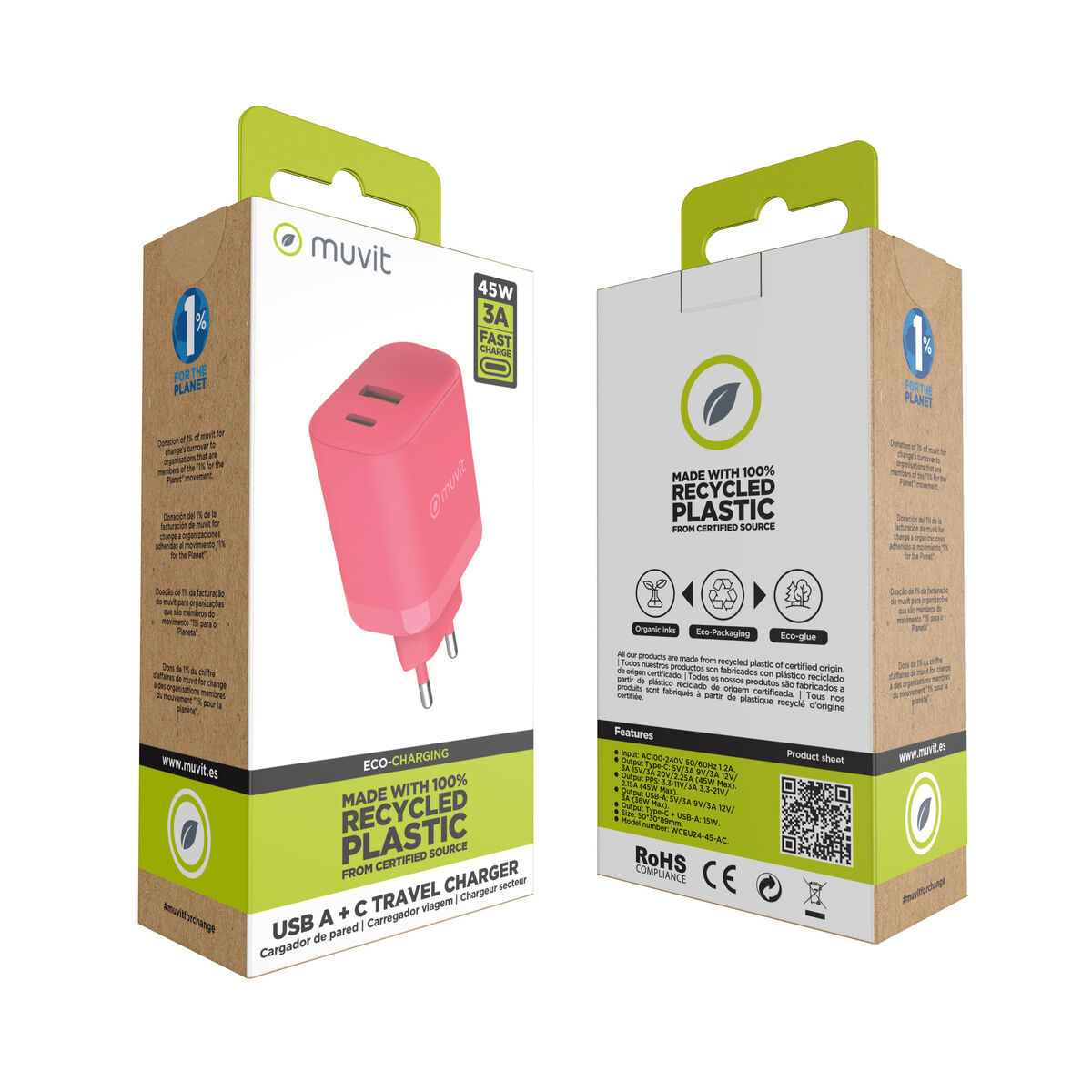 Wall Charger Muvit for Change WCEU24-45-AC Magenta 45 W