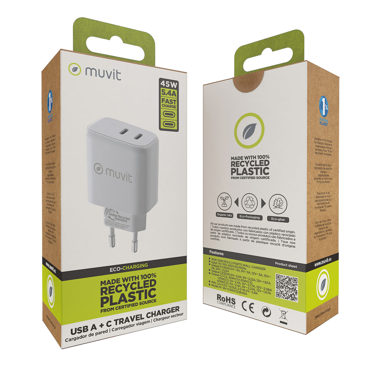 Wall Charger Muvit for Change HC-175 White 20 W 45 W
