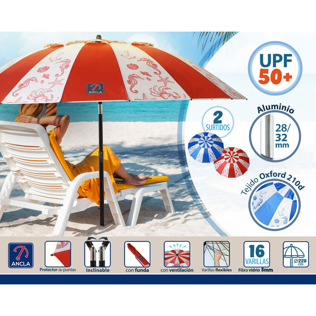Beach parasol  220 cm SPF50+ Navy