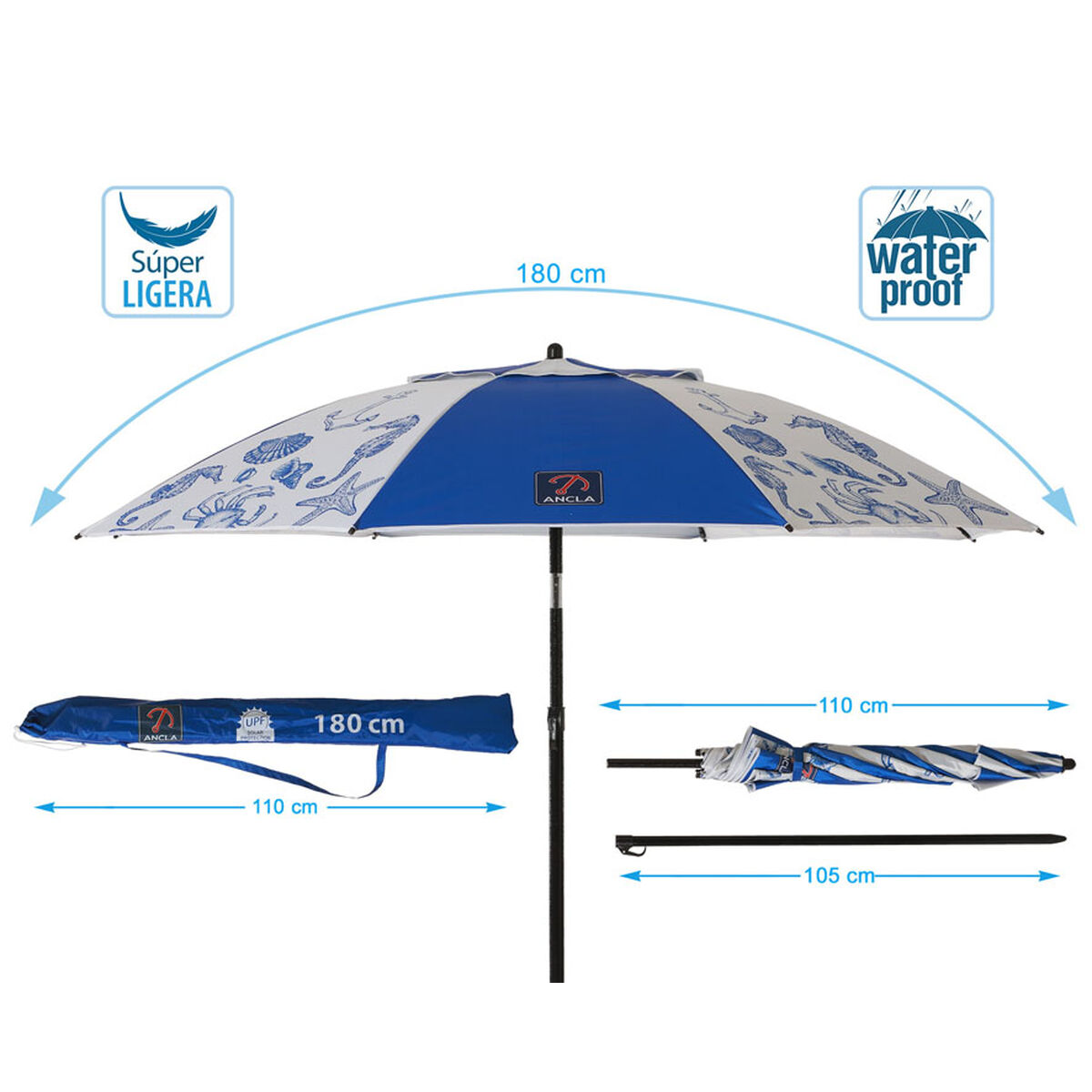 Beach parasol Blue  180 cm SPF50+ Navy