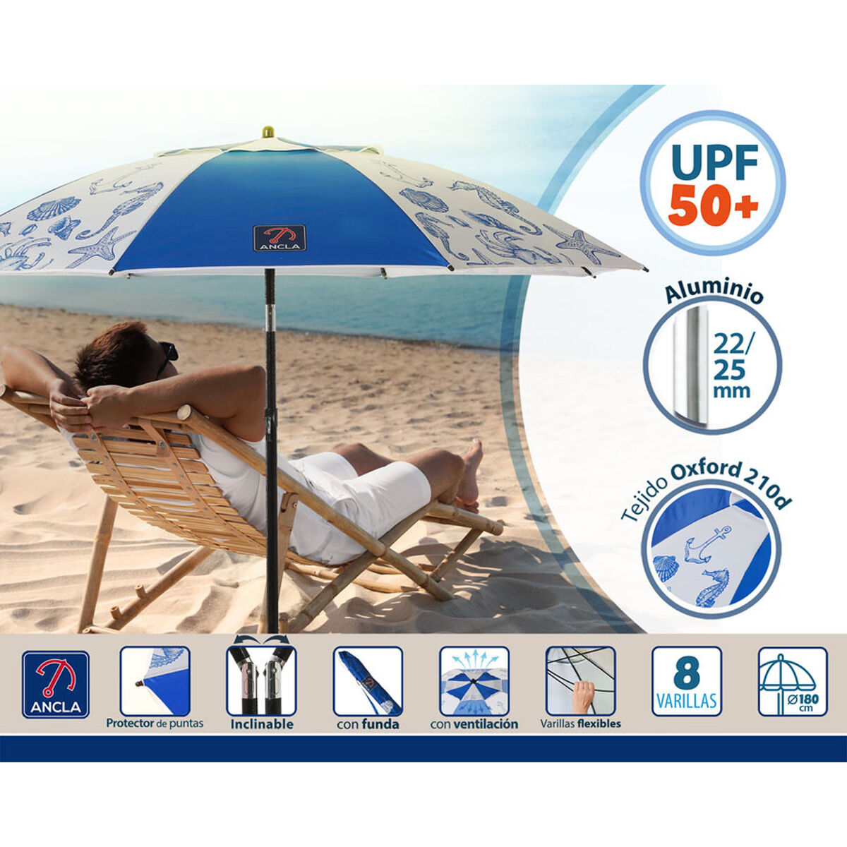 Beach parasol Blue  180 cm SPF50+ Navy