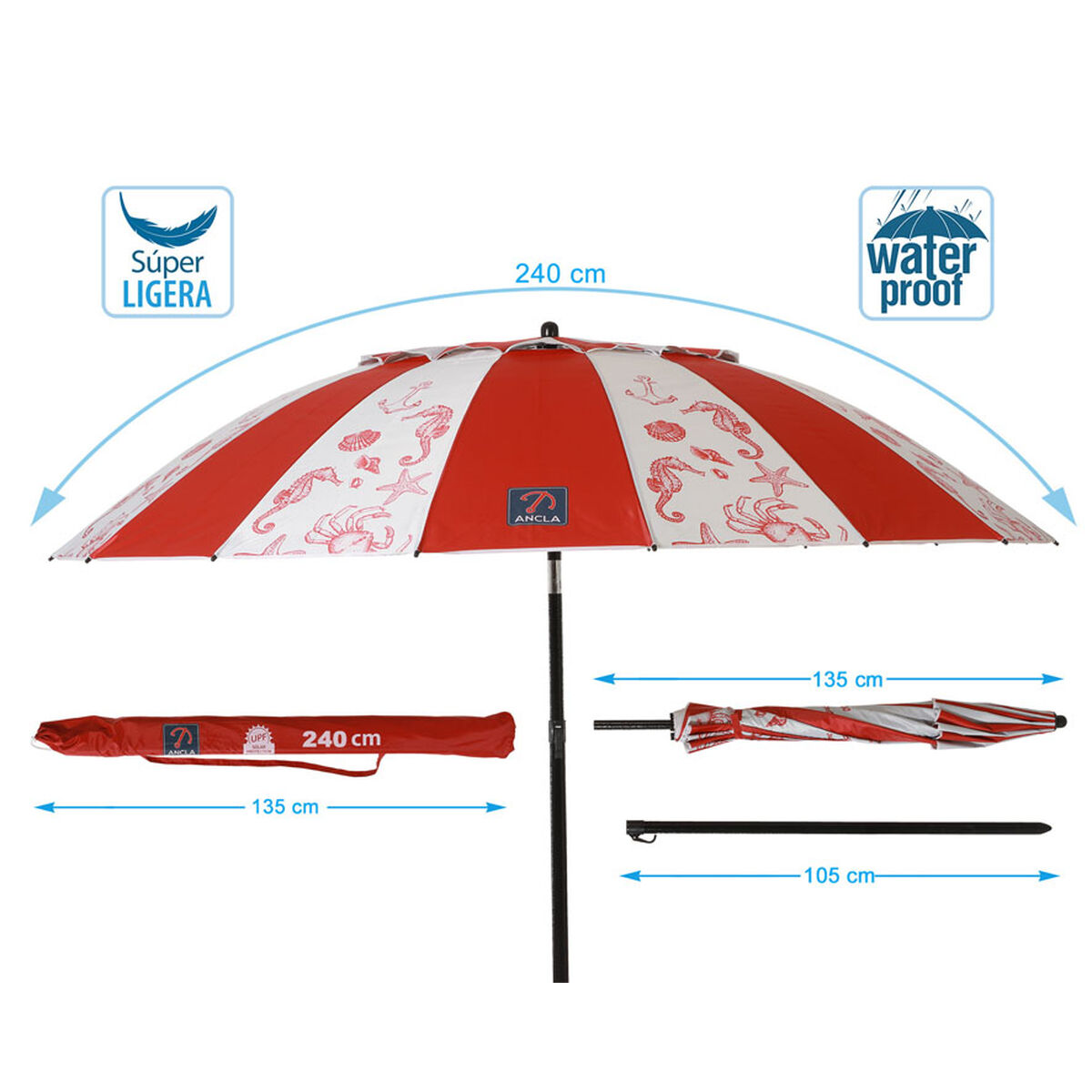 Beach parasol Red Ø 240 cm SPF50+ Navy