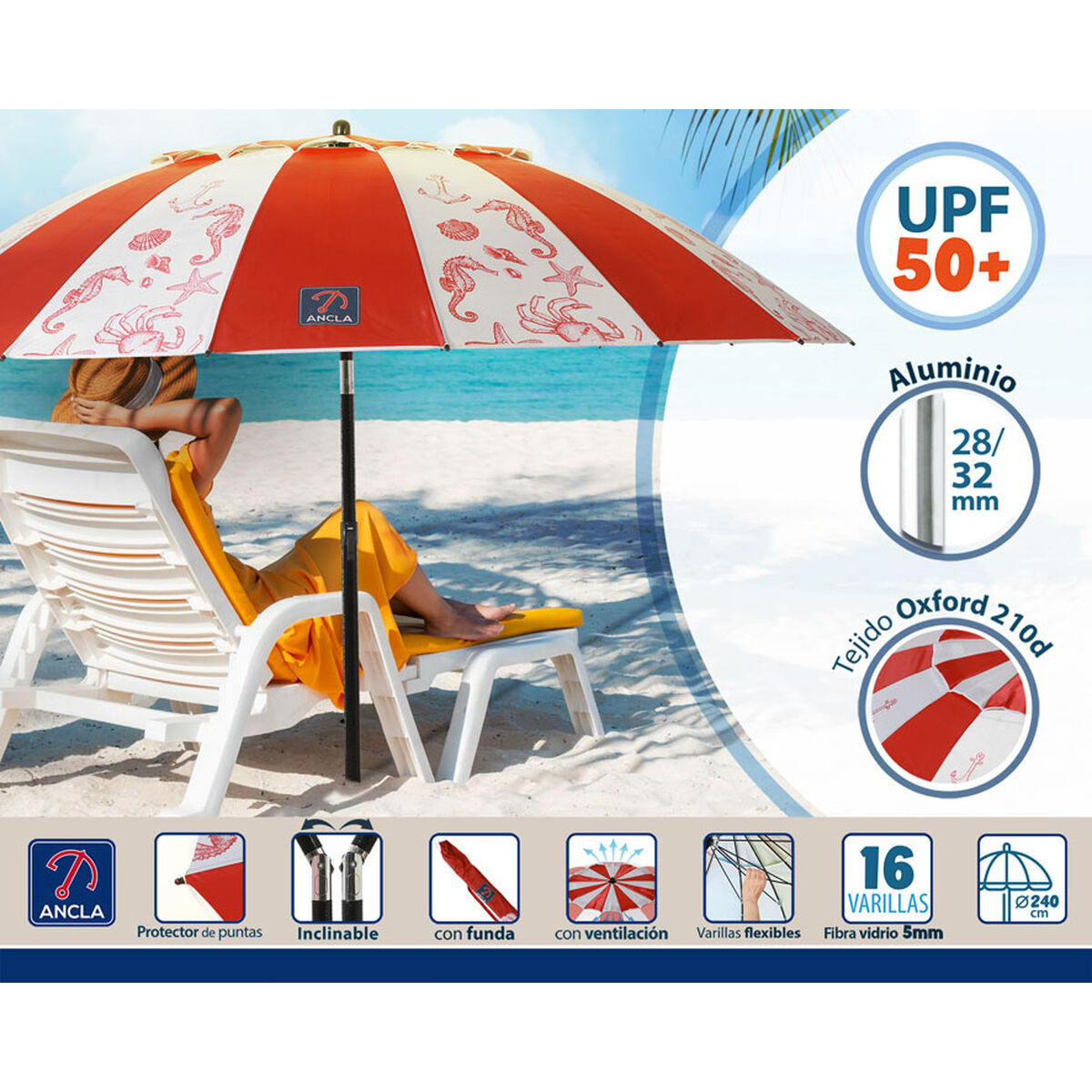 Beach parasol Red Ø 240 cm SPF50+ Navy
