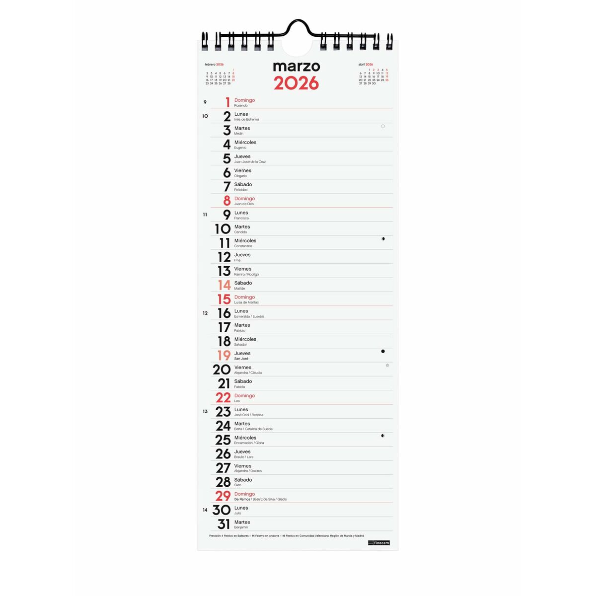 Wall calendar Finocam Paper 13 x 33 cm