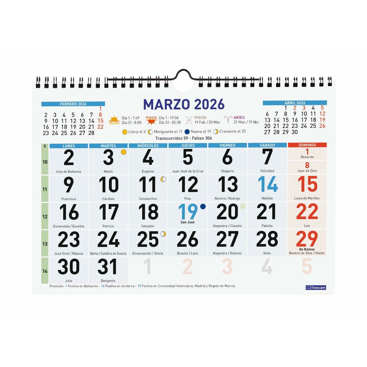 Wall calendar Finocam Multicolour Paper 2026 30 x 21 cm