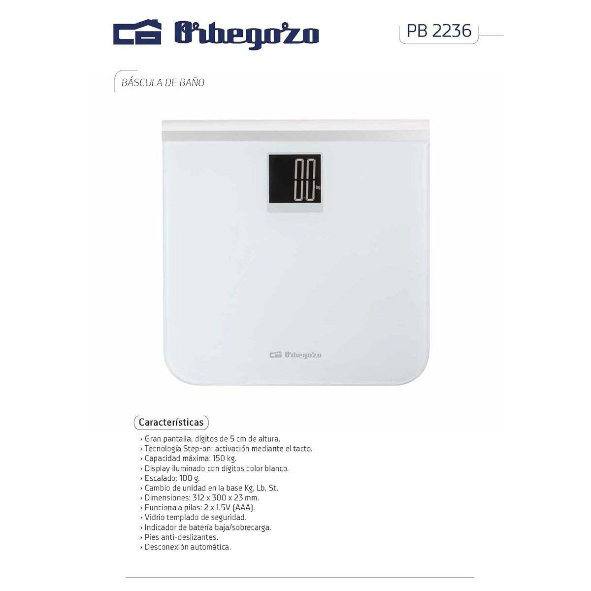 Digital Bathroom Scales Orbegozo PB2236 White Plastic 150 kg