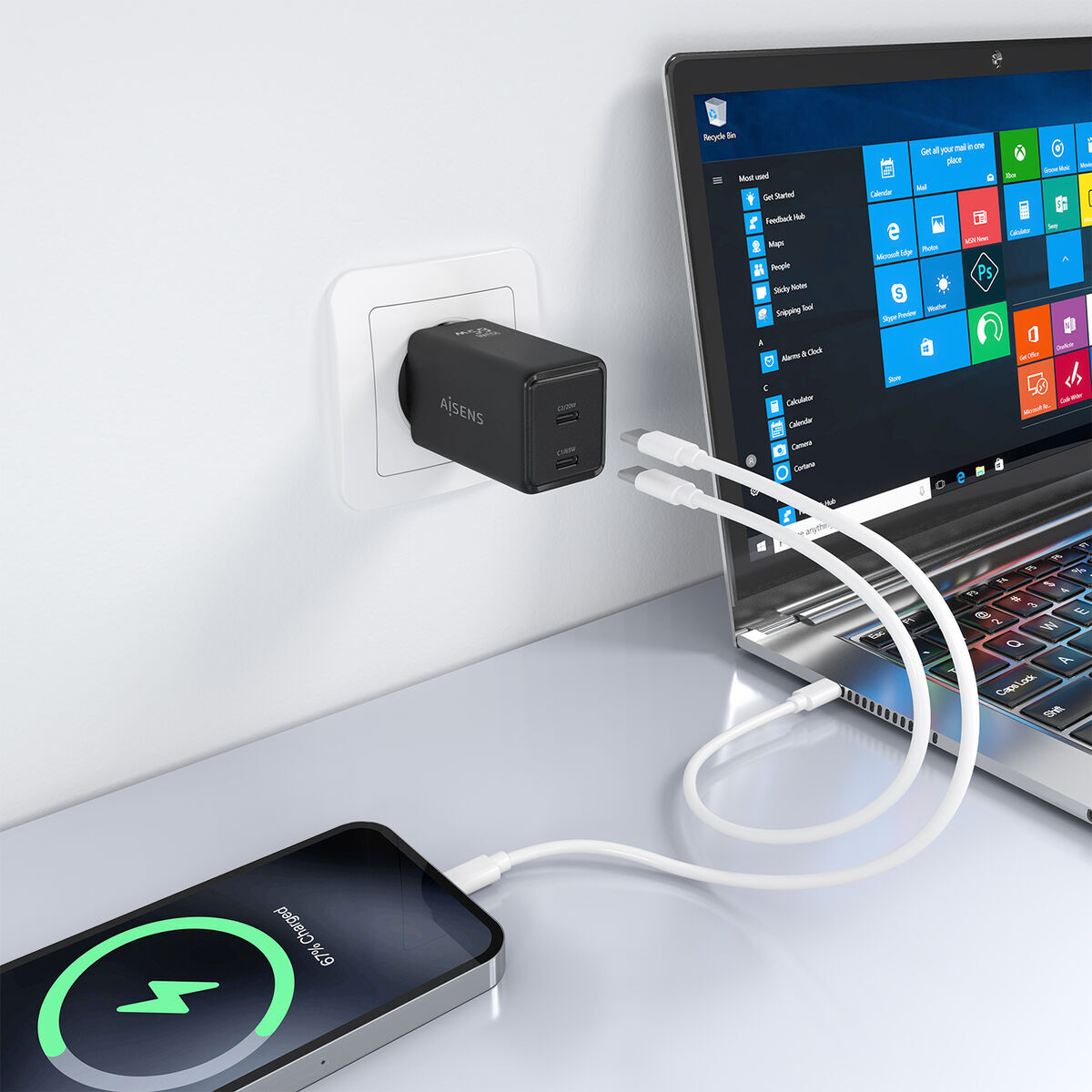 Wall Charger Aisens ASCH-65W2P079-BK Black 65 W