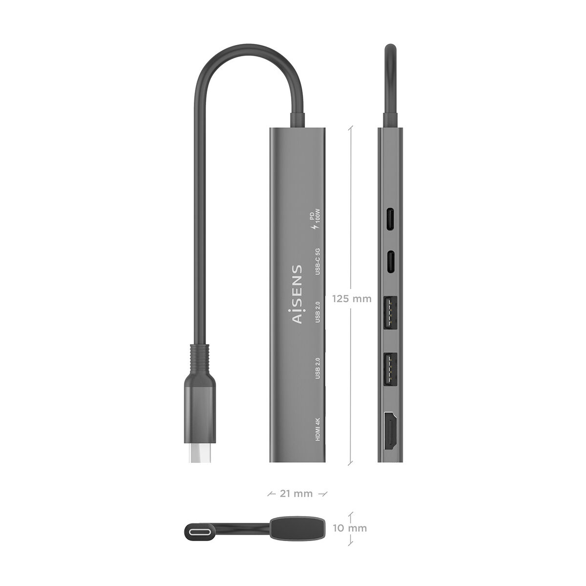 USB Hub Aisens USB-C DOCK 5 EN 1 GRIS Grey 100 W