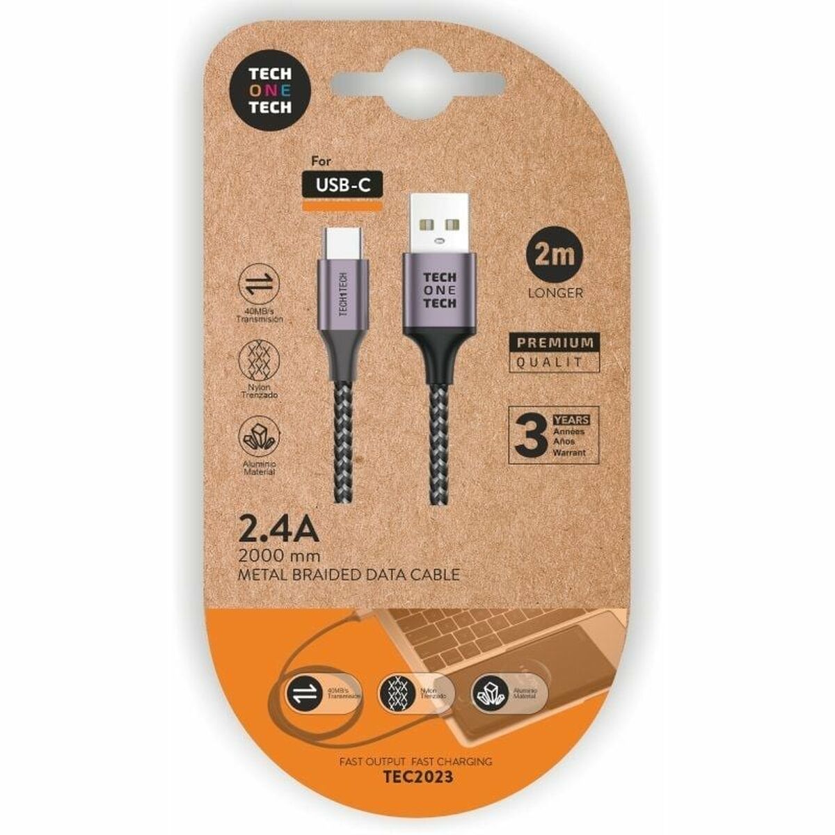 USB A to USB-C Cable Tech One Tech TEC2023 2 m USB A to USB-C Cable Tech One Tech TEC2023 2 m