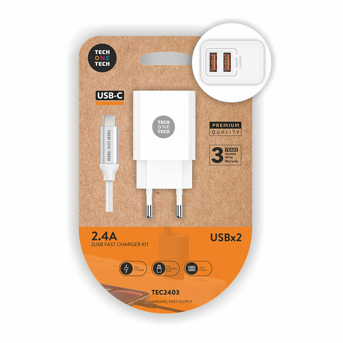Wall Charger + USB-C Cable Tech One Tech TEC2403 White Double Wall Charger + USB-C Cable Tech One Tech TEC2403 White Double
