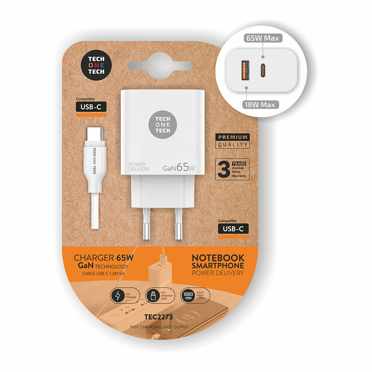 Wall Charger + USB-C Cable Tech One Tech TEC2273 White 65 W Wall Charger + USB-C Cable Tech One Tech TEC2273 White 65 W