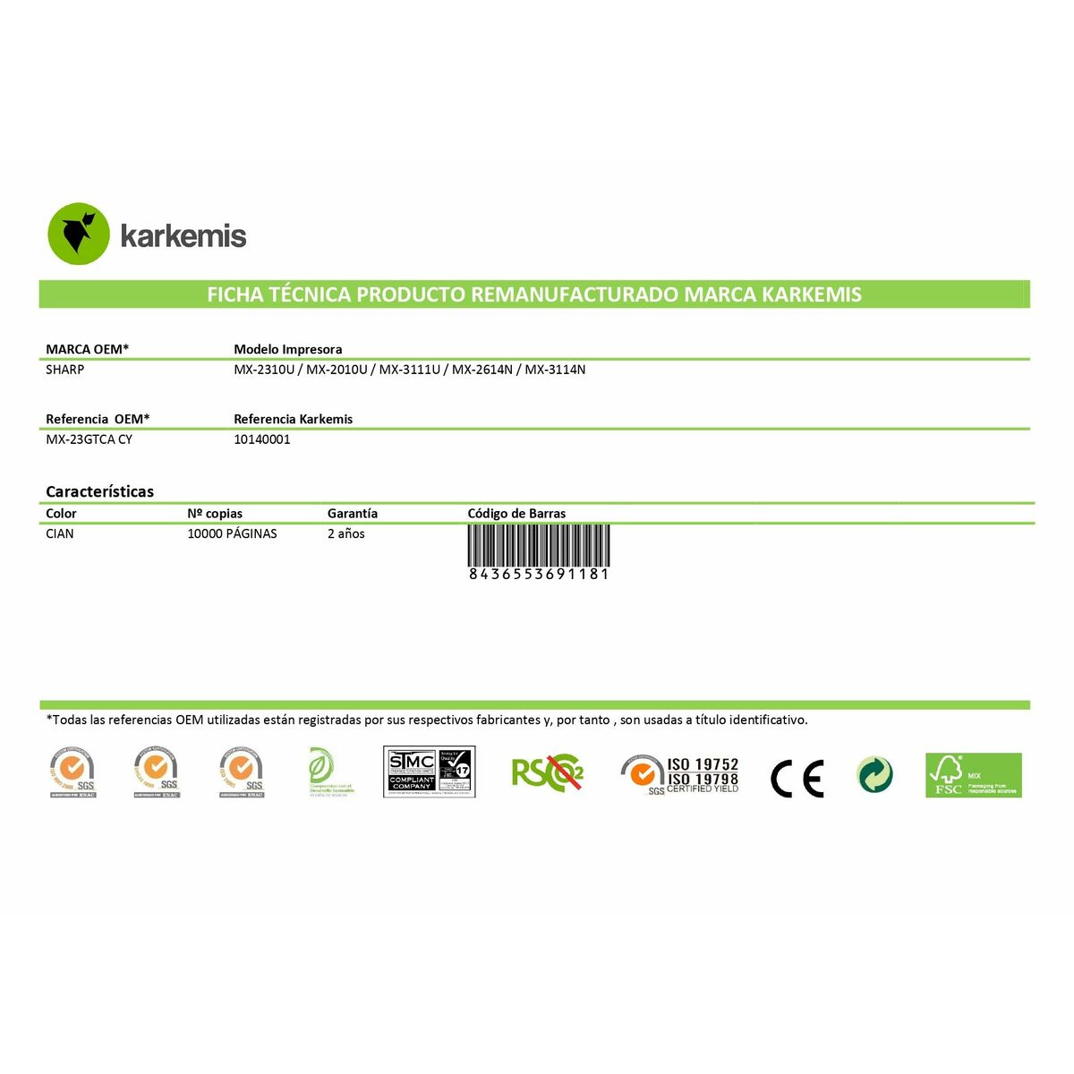 Original Toner Karkemis MX-23GTCA Cyan