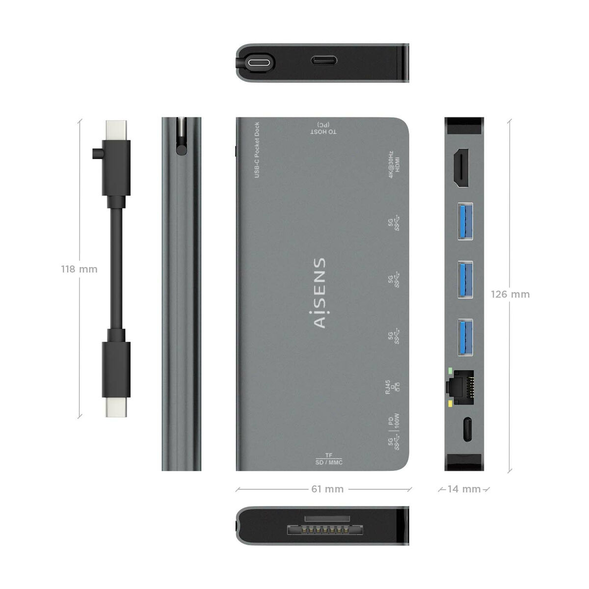 USB Hub Aisens ASUC-8P015-GR Grey Multicolour (1 Unit)