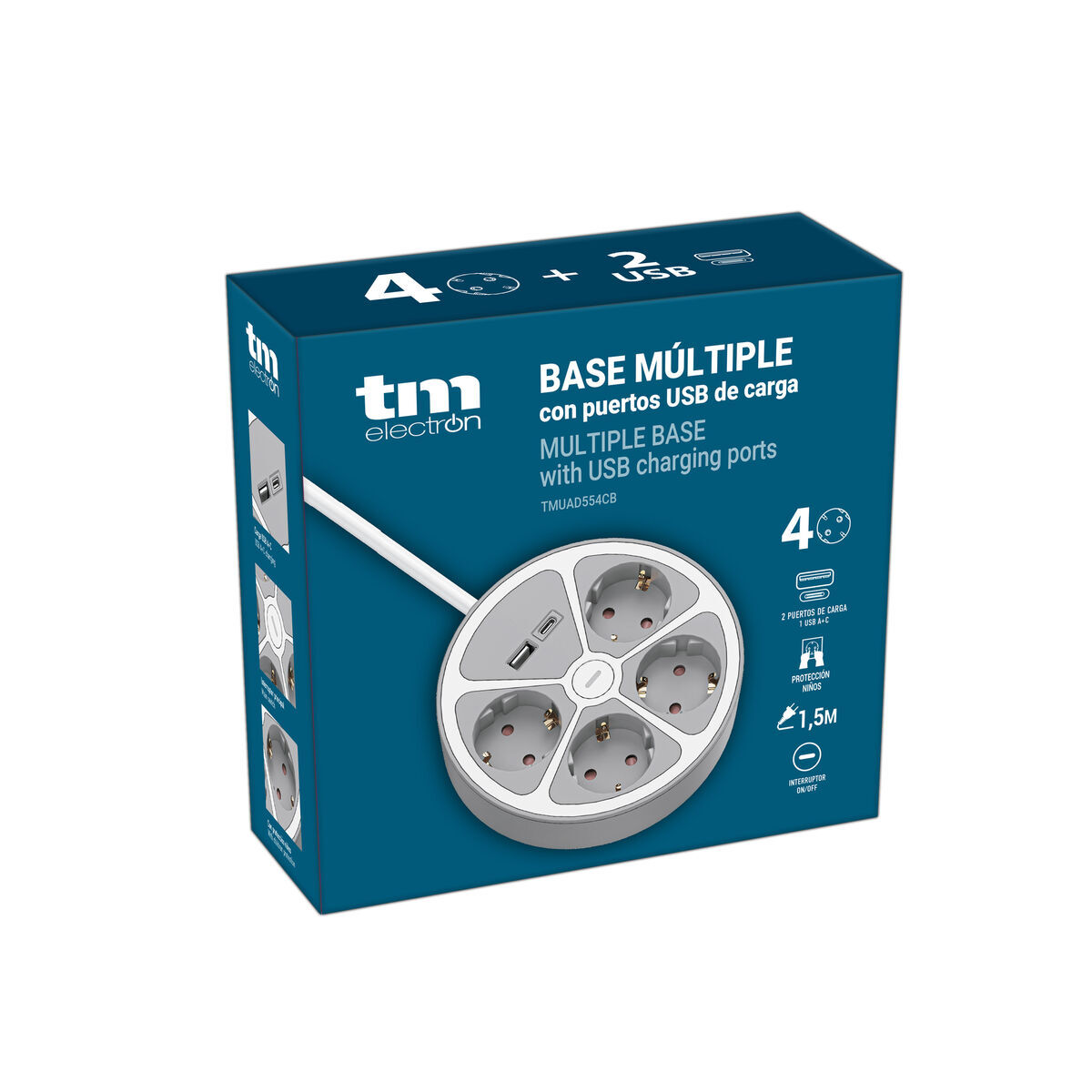 3-socket plugboard with power switch TM Electron TMUAD554CB White Grey 3680 W 30 W (1,5 m)