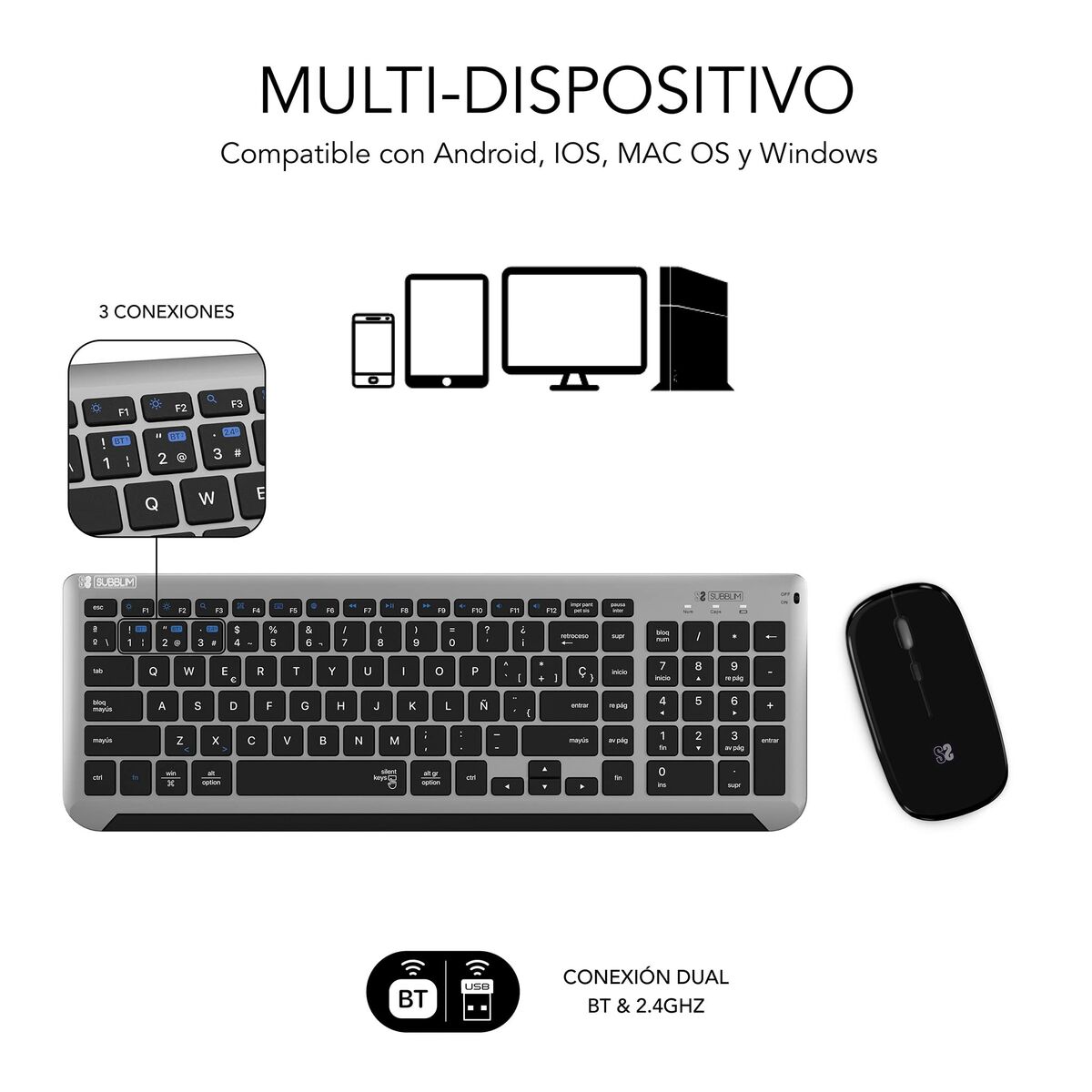 Keyboard and Wireless Mouse Subblim SUBKBC-DCEP20 Grey Spanish Qwerty