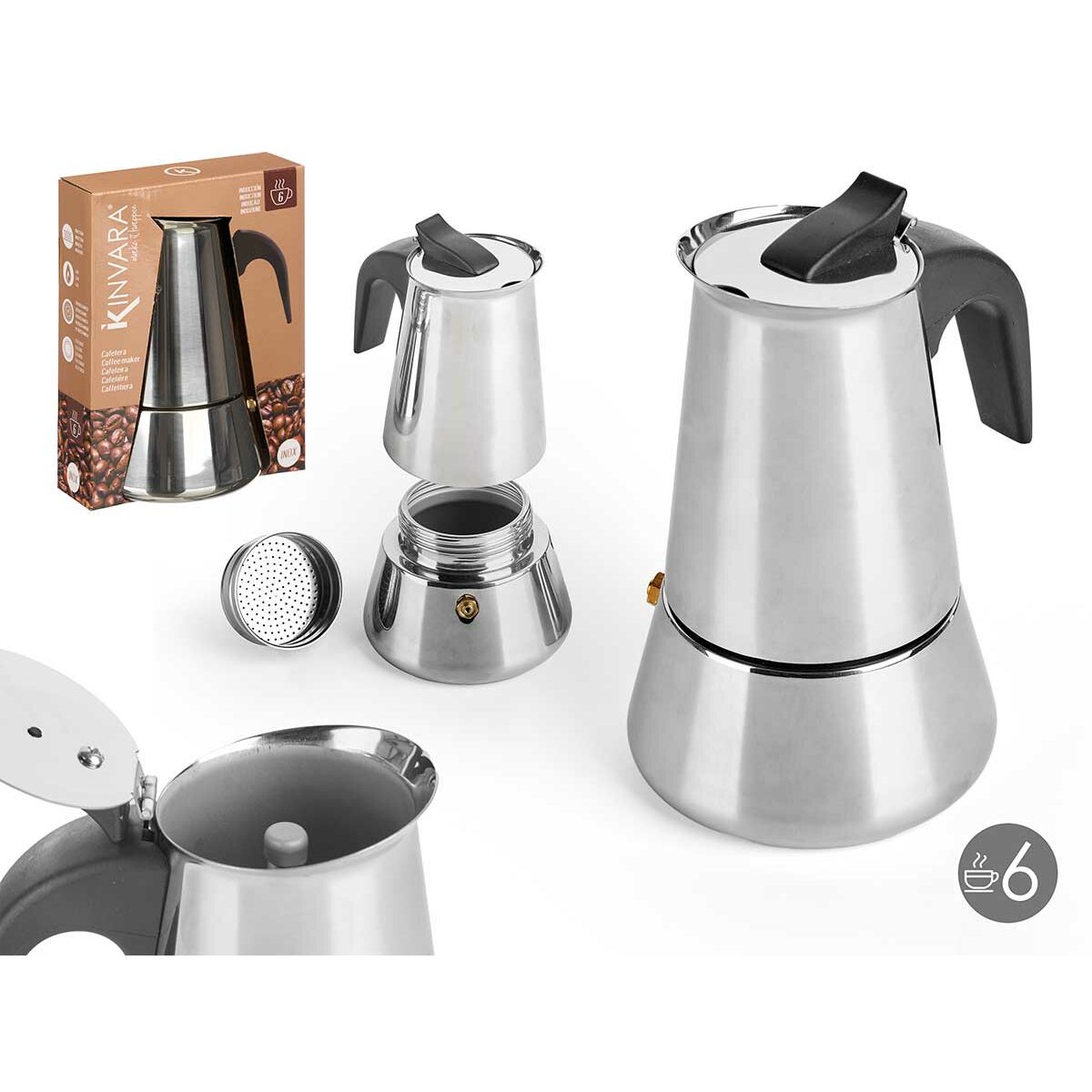 Italian Coffee Pot Kinvara S12AA-6T Black Silver Steel 6 Cups