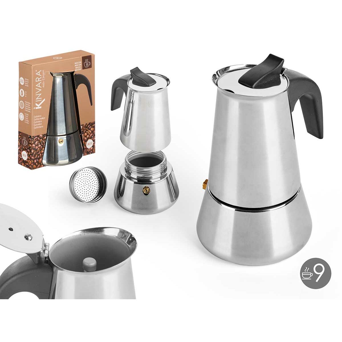 Italian Coffee Pot Kinvara S12AA-9T Black Silver Steel 9 Cups