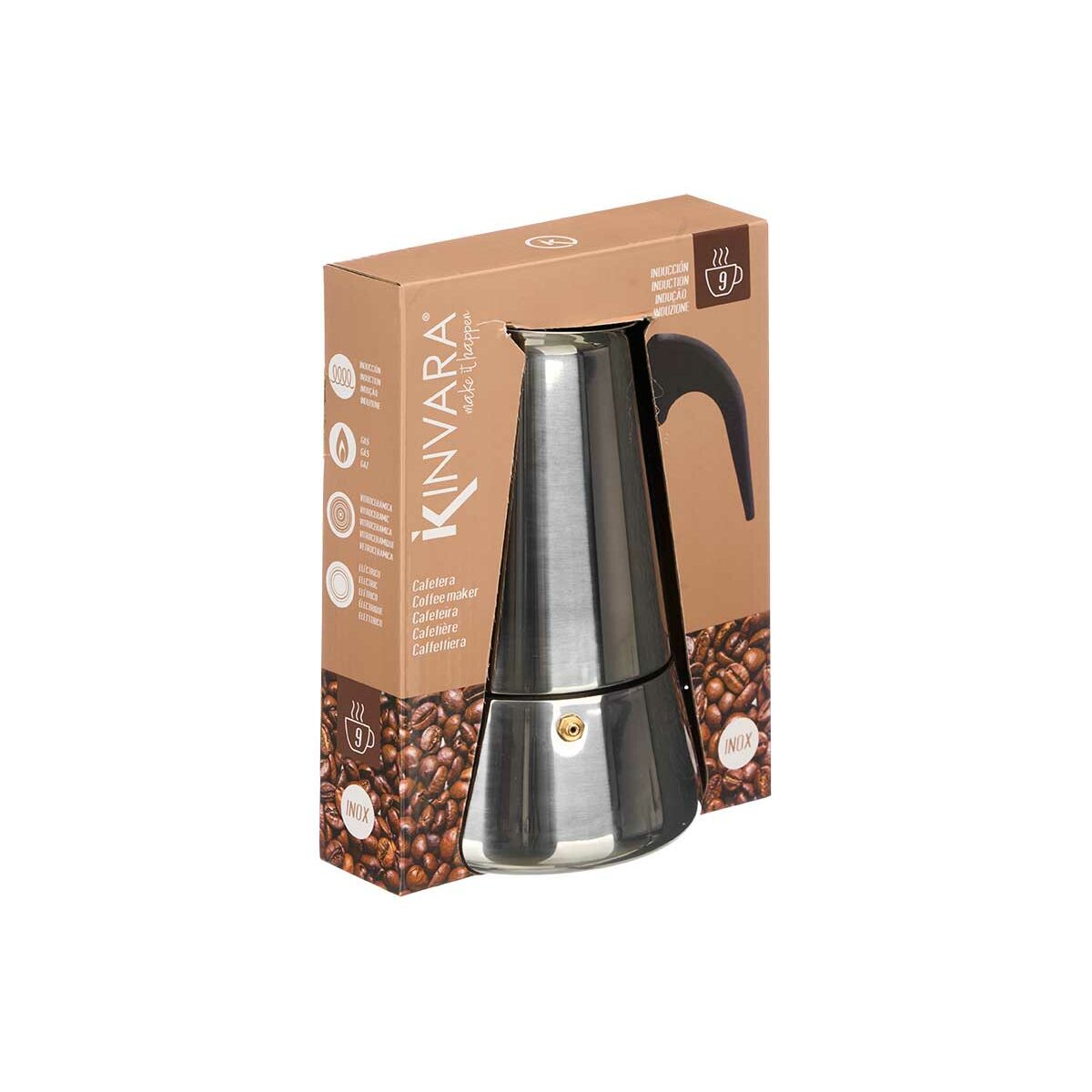 Italian Coffee Pot Kinvara S12AA-9T Black Silver Steel 9 Cups