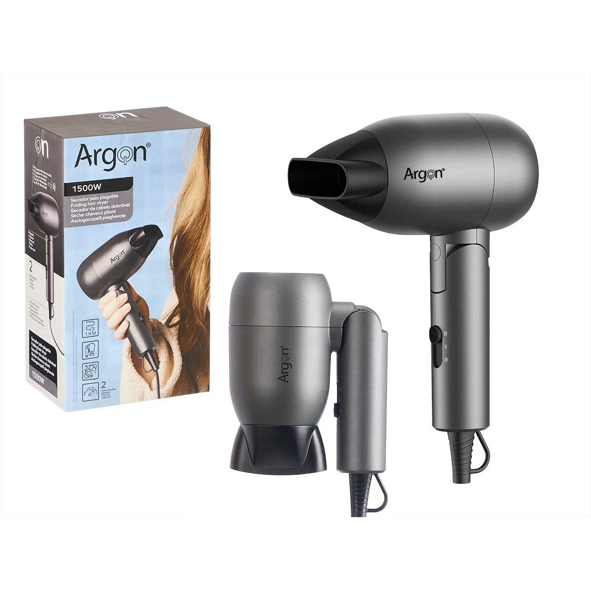 Foldable Hair Dryer Argon Black Silver 1500 W