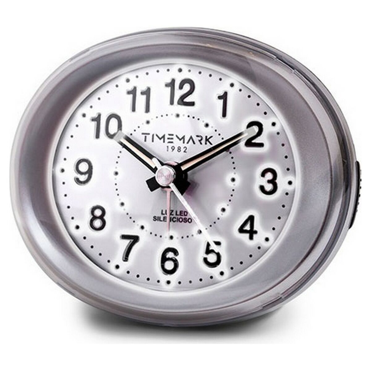 Analogue Alarm Clock Timemark Silver LED Light Silent Snooze Night mode 9 x 9 x 5,5 cm (9 x 9 x 5,5 cm) Analogue Alarm Clock Timemark Silver LED Light Silent Snooze Night mode 9 x 9 x 5,5 cm (9 x 9 x 5,5 cm)