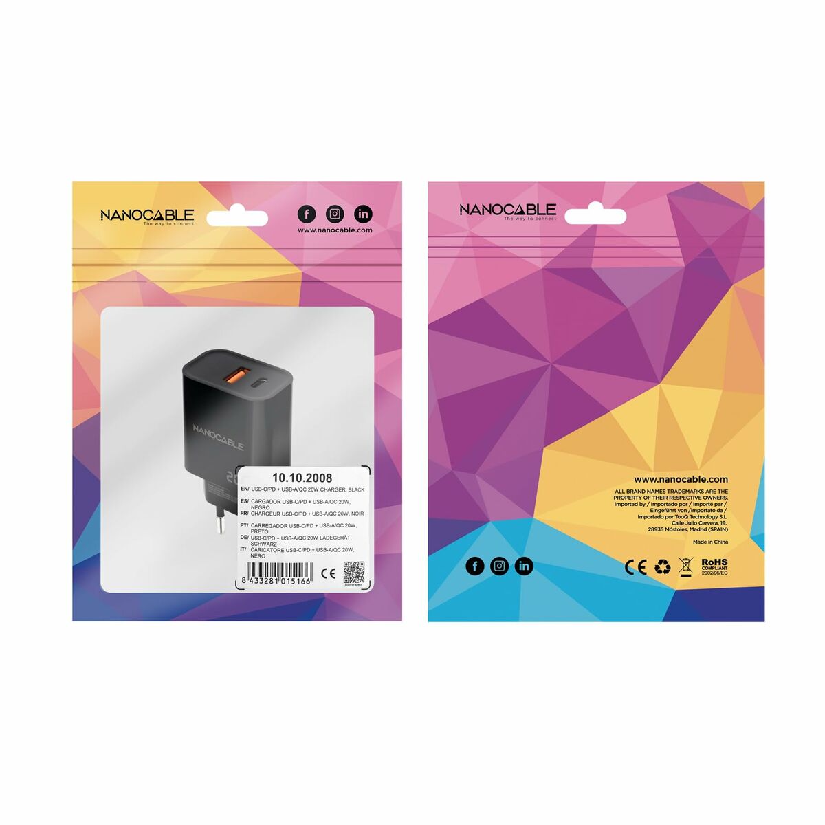 Wall Charger NANOCABLE 10.10.2008 Black 20 W Wall Charger NANOCABLE 10.10.2008 Black 20 W