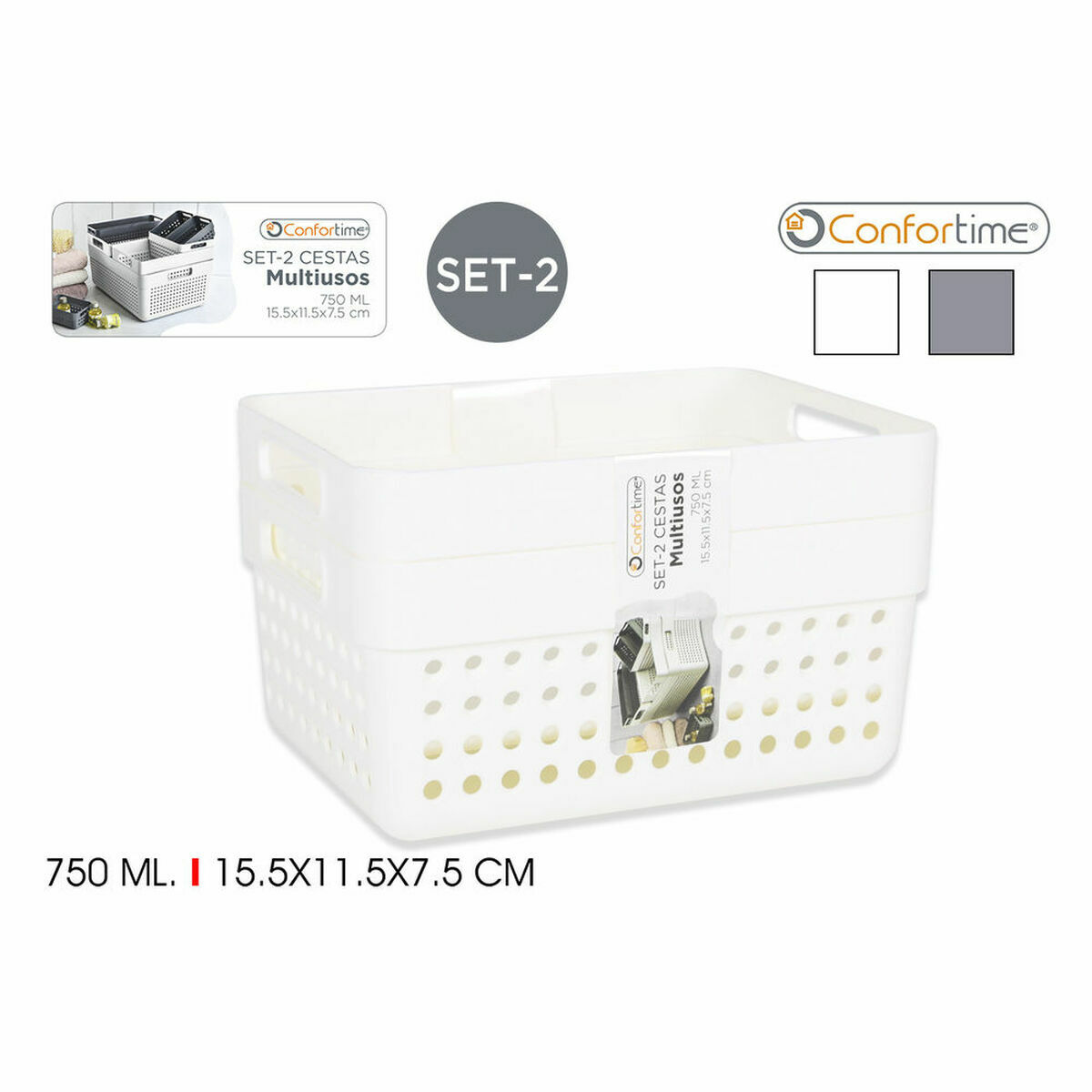 Multi-purpose basket Confortime 144943 15,5 x 11,5 x 7,5 cm 2 Pieces (36 Units)