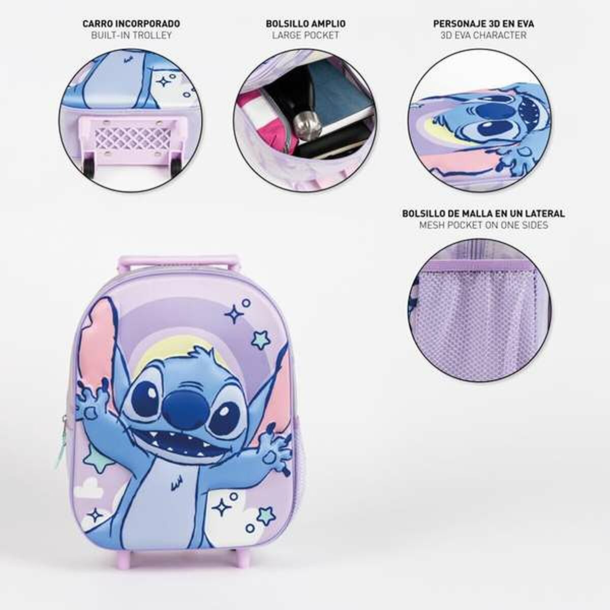 3D School Bag with Wheels Stitch Lilac 25,0 x 31,0 x 10,0 cm