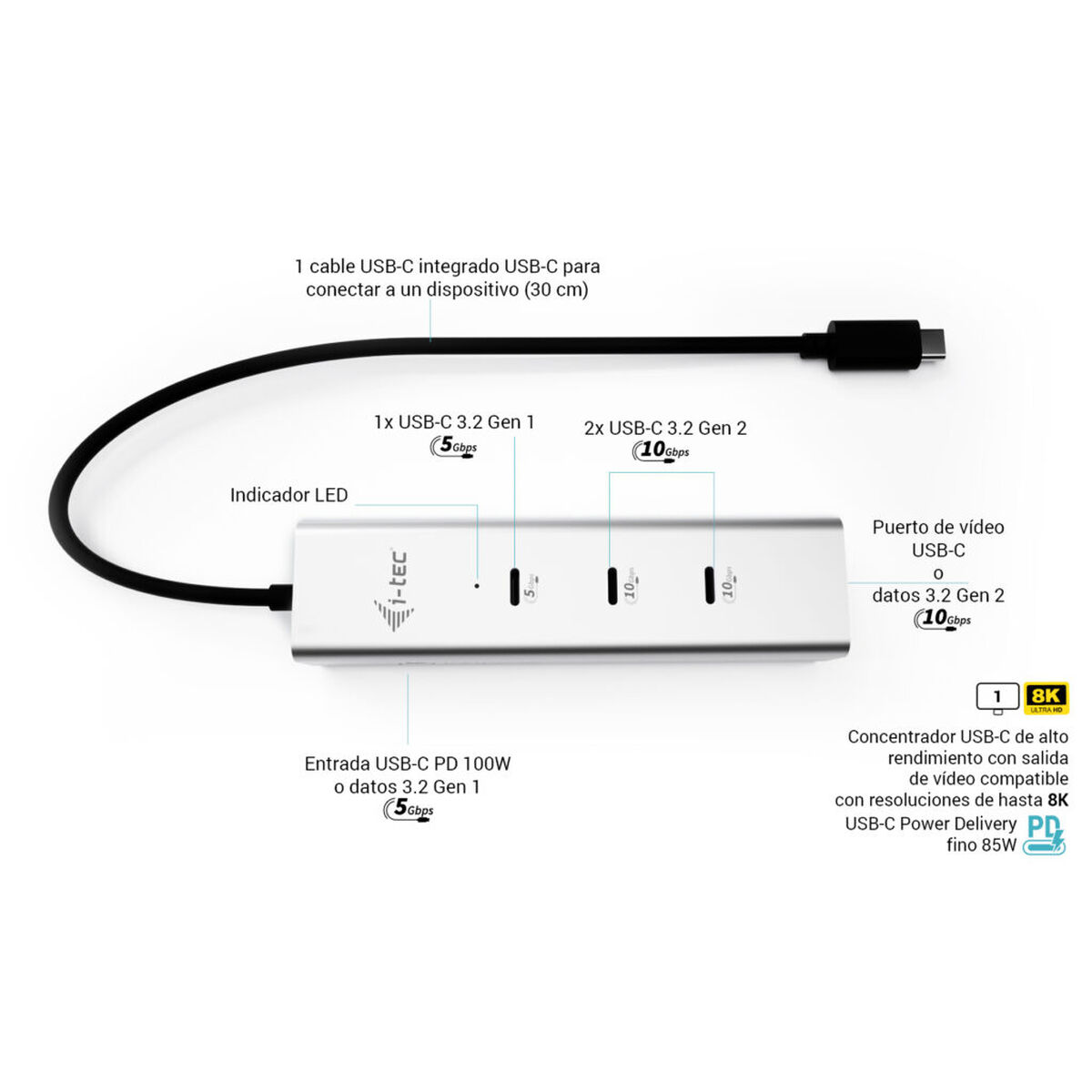 USB Hub i-Tec C31HUBMETAL8KPDPRO Silver