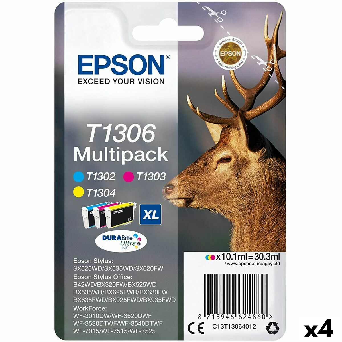 Original Ink Cartridge Epson SX525WD/620FW/ OFFICE B42WD/525WD/625FWD/925FWD Tricolour (4 Units)