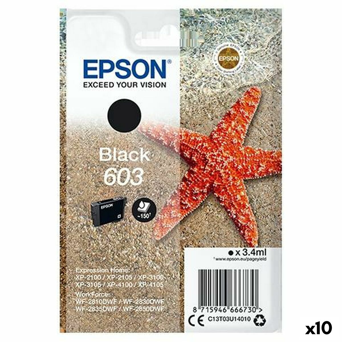 Original Ink Cartridge Epson P-2100, 3100, 4100 / WF-2830DWF, 2850DW – Nº 603 Black (10 Units)