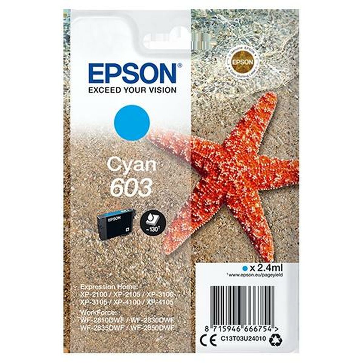 Original Ink Cartridge Epson XP-2100, 3100, 4100 / WF-2830DWF, 2850DW – Nº 603 Cyan (10 Units)