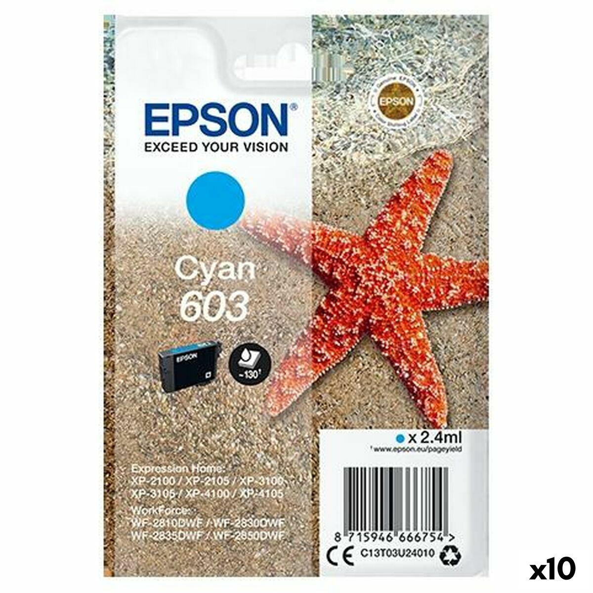 Original Ink Cartridge Epson XP-2100, 3100, 4100 / WF-2830DWF, 2850DW – Nº 603 Cyan (10 Units)