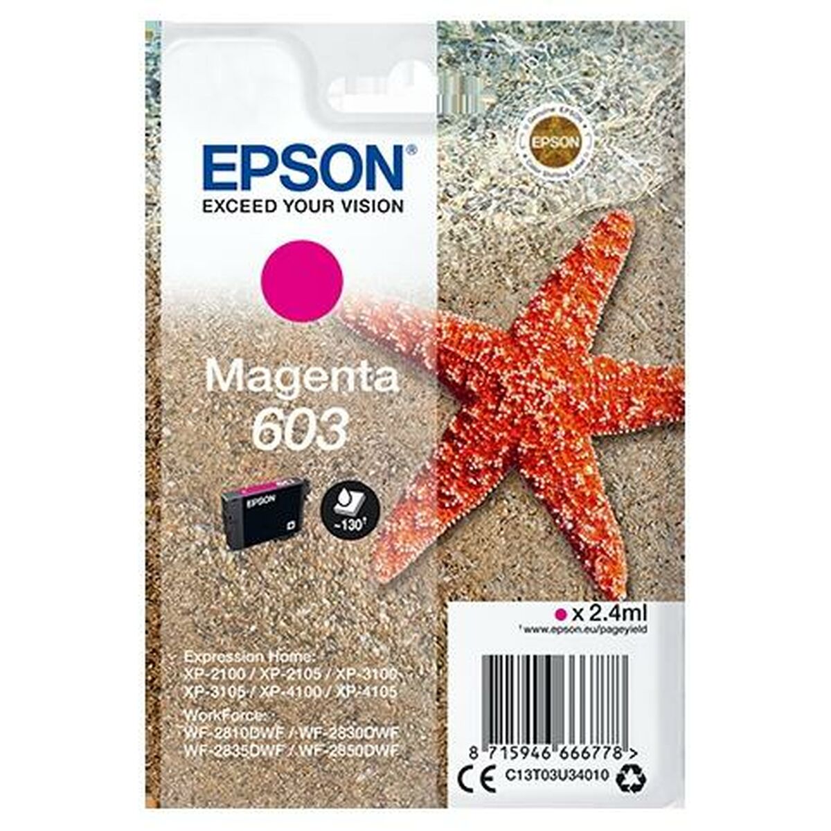 Original Ink Cartridge Epson XP-2100, 3100, 4100 / WF-2830DWF, 2850DW – Nº 603 Magenta (10 Units)
