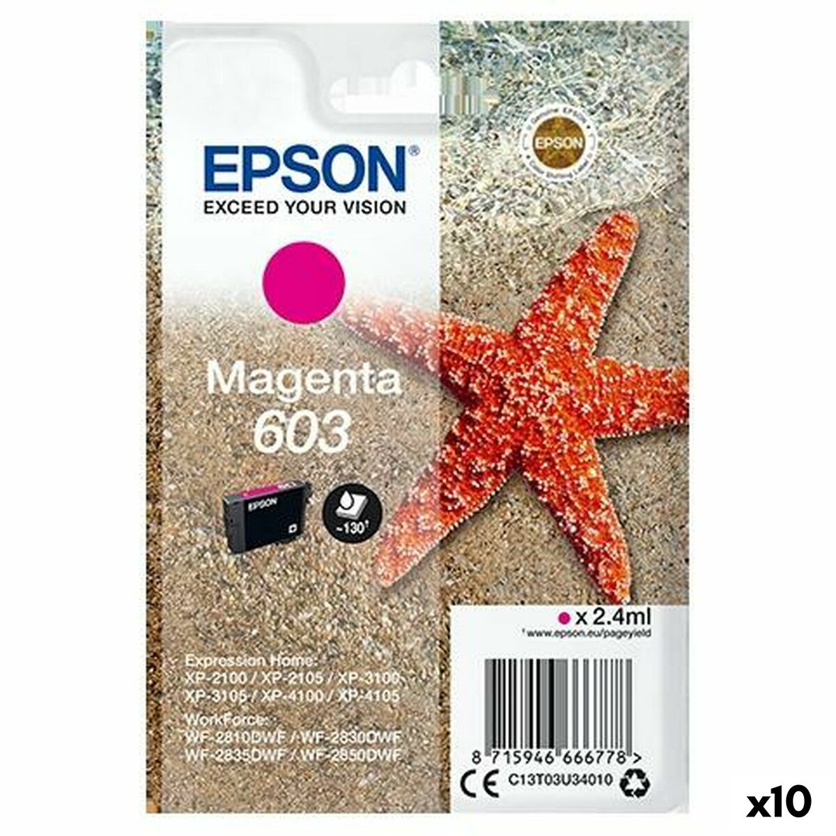 Original Ink Cartridge Epson XP-2100, 3100, 4100 / WF-2830DWF, 2850DW – Nº 603 Magenta (10 Units)