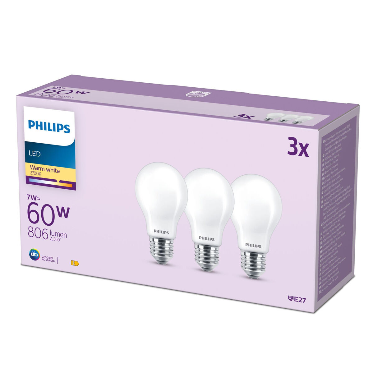 LED lamp Philips A60 E27 Soft green E 7 W 60 W E27 806 lm 3 Units (2700 K)