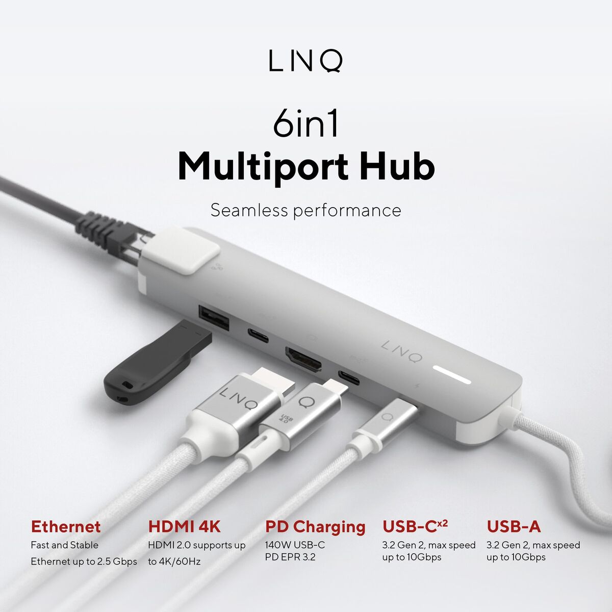USB Hub Linq Byelements LQ49061 White Grey