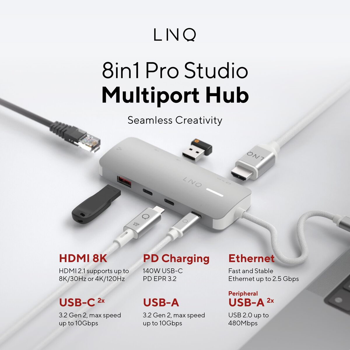 USB Hub Linq Byelements LQ49081PS White Grey